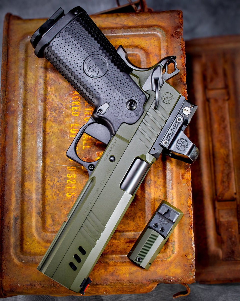 NighthawkCustom's tweet photo. The Green Goblin // BDS9 in OD green Cerakote wearing a Delta Point Pro // This is what most of our competitive shooters run for a reason https://t.co/zLhzwHbR14