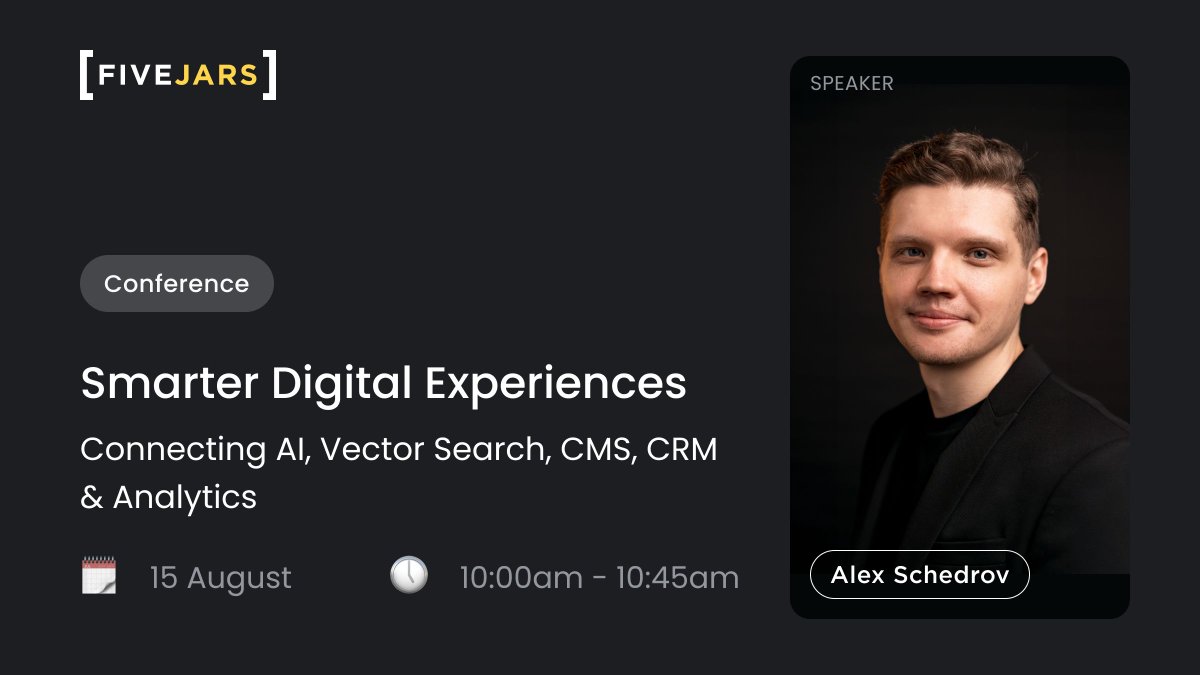 Five Jars (@five_jars) on Twitter photo 🚀 Aug 15 <a href="/GovDrupal/">Drupal4Gov</a> - Alex Schedrov presents how to connect AI, vector search, CMS, CRM & analytics into smarter digital experiences.
🕙 10:00 AM | buff.ly/YySEJzG
#Drupal #AI #VectorSearch #OpenSource #FiveJars 🚀 Aug 15 <a href="/GovDrupal/">Drupal4Gov</a> - Alex Schedrov presents how to connect AI, vector search, CMS, CRM & analytics into smarter digital experiences.
🕙 10:00 AM | buff.ly/YySEJzG
#Drupal #AI #VectorSearch #OpenSource #FiveJars