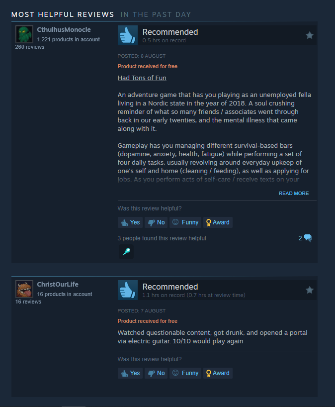 Demo: nostalgia, anxiety, drunken portals. Reviews: two for two approve. Next milestone: 3/3 without patching a thing.  

#indiedev #solodev #indiegames #indiedevs #steam #demosteam