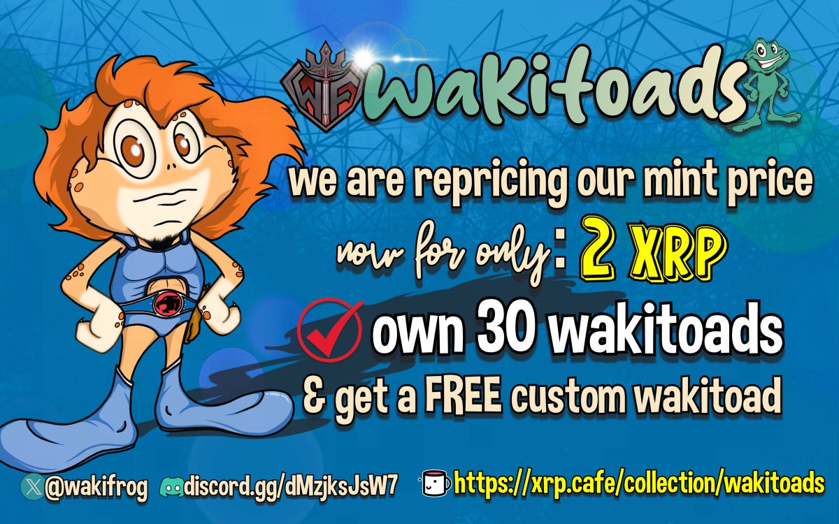 😎ei wakis...✨we are repricing our wakitoads collection...mint price is now only 2xrp...

😍want a custom wakitoad?...own 30 wakitoads to get a FREE custom wakitoad...

🐸xrp.cafe/collection/wak…
