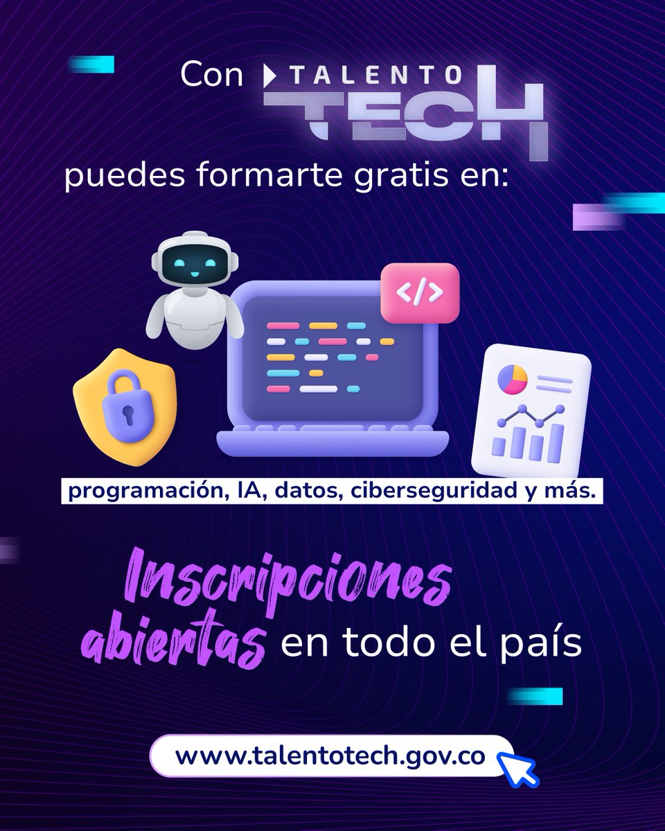 CarinaMurciaY's tweet image. 📣 ¡Esta es tu oportunidad!
Aprende habilidades digitales con alta demanda y transforma tu futuro.
💡 Con #TalentoTECH del @Ministerio_TIC puedes escalar en la industria y acceder a mejores empleos.
Inscripciones abiertas en todo el país:👉 talentotech.gov.co