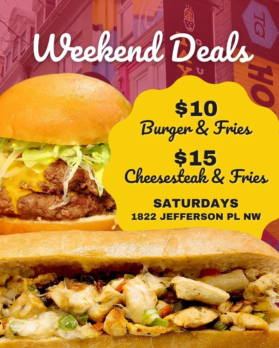 🎉 Spice up your weekend plans - come to our #SpinTheWheel event 🌀 and you could walk away with a FREE cheesesteak 🧀 or other tasty prizes!

Don't forget our #WeekendDeals
🍔 $10 Burger &amp; Fries
🍟 $15 Cheesesteak &amp; Fries

📍 Saturday at 1822 Jefferson Pl NW

#DupontEats