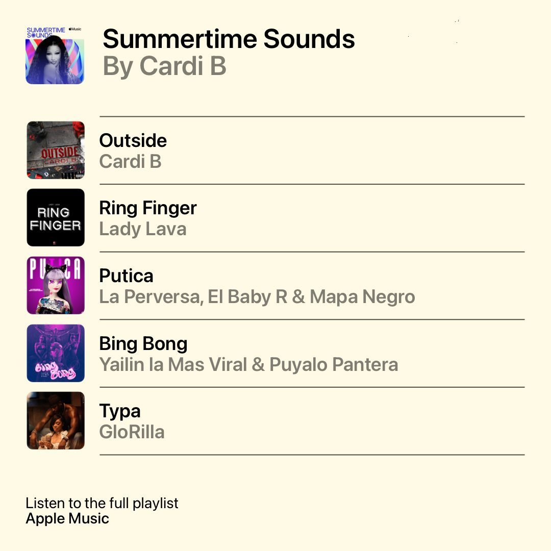 Own the summer and press play on the songs <a href="/iamcardib/">Cardi B</a> has been listening to every day. Listen now: apple.co/CardiSummer