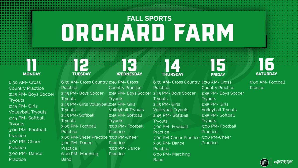 OFHS fall sports begin on 8/11. All participants must have clearance on Healthy Roster. If you have questions about clearance status, contact Kathryn.Mueller@ssmhealth.com. 
Visit tinyurl.com/we73hmzu for additional information
*All practice times are subject to change*