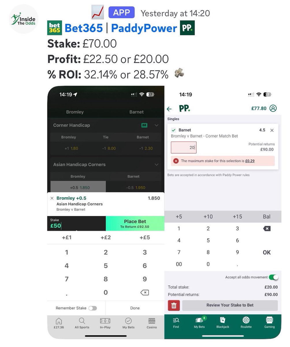 Daily Arbitrage Bet 📈

£22.50 or £20.00 profit by covering all outcomes! This was posted to our FREE community on discord the second we found it! 💵

To be the first to see these on a daily basis, join using the link in our bio! 🔗