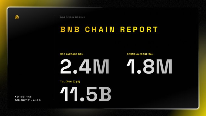 BNB Chain 报告，展示2025年7月31日至8月6日BSC平均日活跃用户240万，opBNB平均日活180万，以及115亿美元锁仓量
