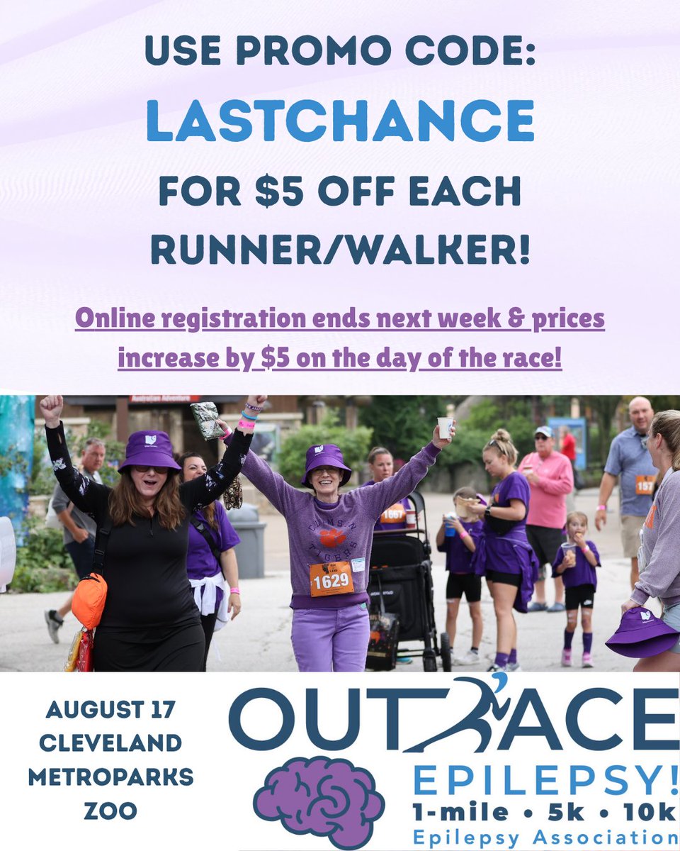 Use promocode LASTCHANCE at checkout to get $5 off each participant! Coupon is valid through next Thursday, 8/14. Online registration will close Friday, and registration fees go up by $5 each if you sign up in person on race day. 

Sign up here: runsignup.com/Race/Register/…