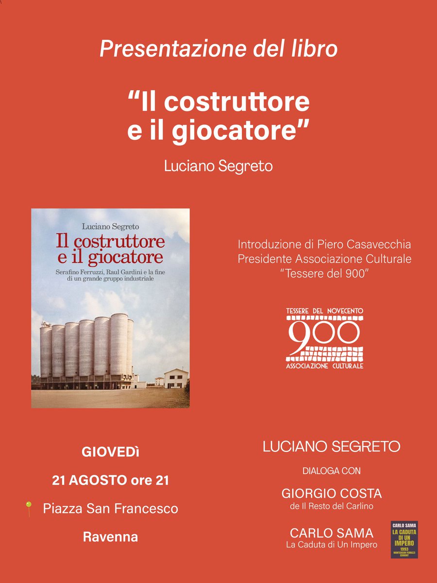 carlo_sama's tweet photo. Giovedì 21 agosto, ore 21:00 - piazza San Francesco, Ravenna. Un evento a cura di Tessere del ‘900:
Un dialogo tra Luciano Segreto, Carlo Sama e Giorgio Costa, introdotto da Piero Casavecchia. Un’occasione unica per riscoprire un capitolo dimenticato dalla nostra storia recente. https://t.co/IHSGAoVnnX