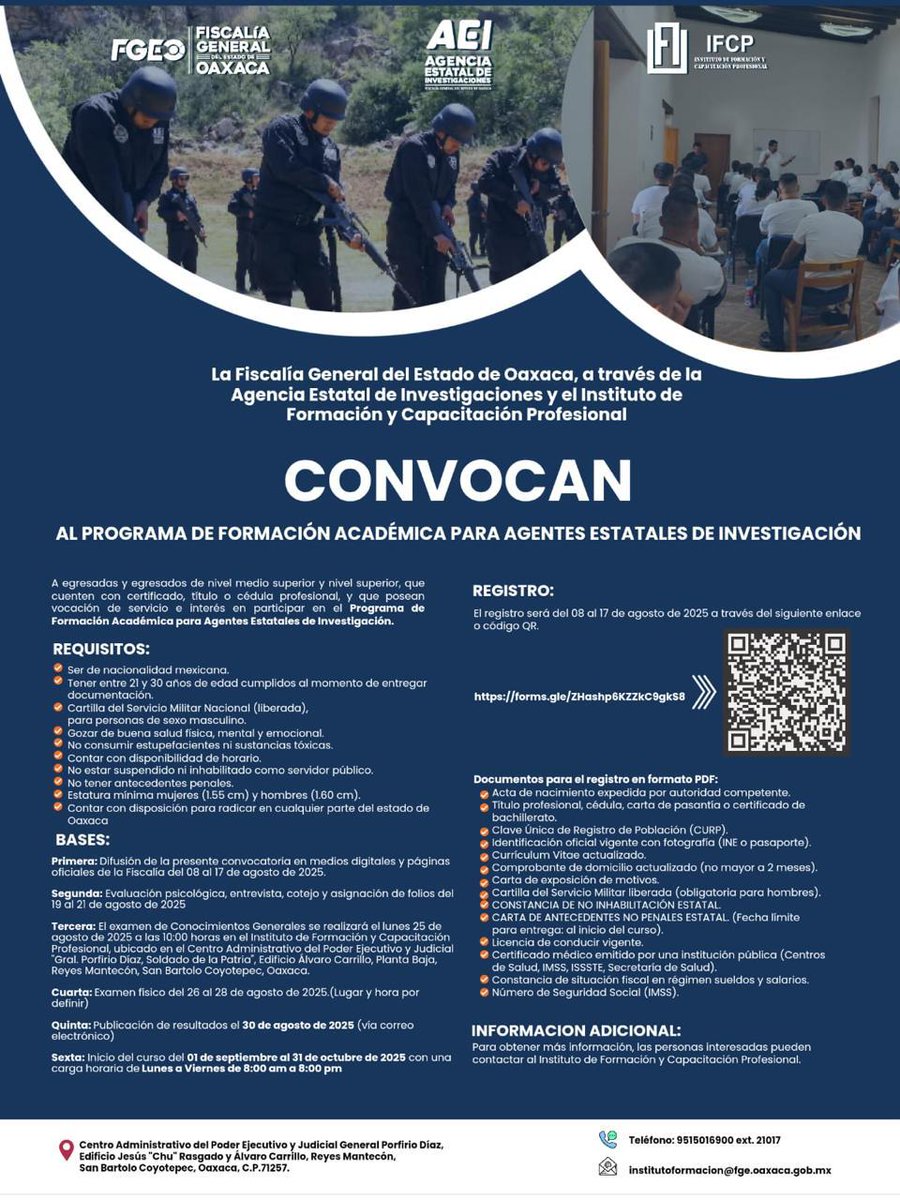 FISCALIA_GobOax's tweet image. 📢 Convocatoria Abierta: Programa de Formación Académica para Agentes Estatales de Investigación 

La Fiscalía General del Estado de Oaxaca a través de la Agencia Estatal de Investigaciones (#AEI)
invita a egresadas y egresados ​​del nivel medio superior y nivel superior a