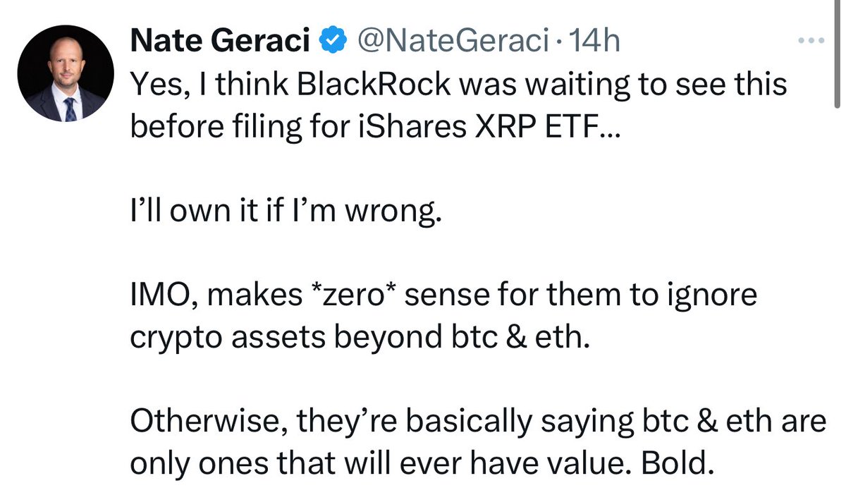 🚨BREAKING: Nate Geraci thinks that BlackRock is about to file for iShares #XRP ETF!