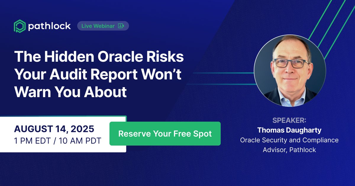 pathlock's tweet image. Webinar Reminder: The Hidden Oracle Risks Your Audit Report Won’t Warn You About
📅 August 14, 2025 | 🕐 1 PM EDT / 10 AM PDT
👉 Reserve Your Free Spot: bit.ly/3URn71v
#Pathlock #OracleSecurity #AccessGovernance #AuditReadiness #IAM #CyberSecurity