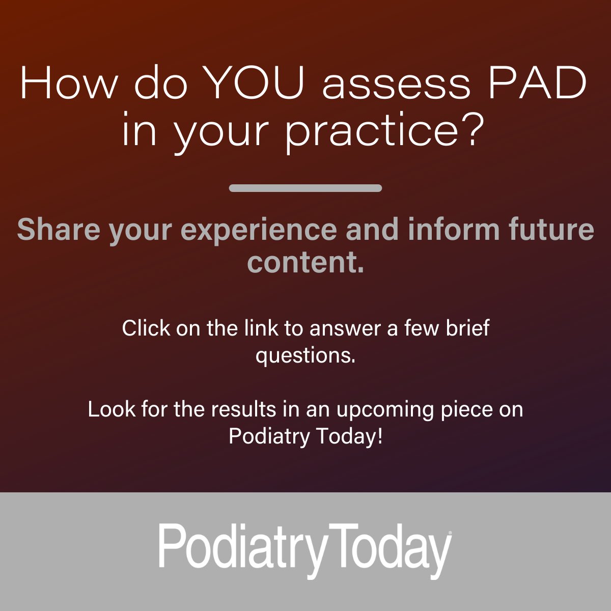 Let us know your practice's pathways for PAD assessment! We want to know more - just answer a few brief questions at: tinyurl.com/9abz4tnw
#PAD #DPM #limbsalvage