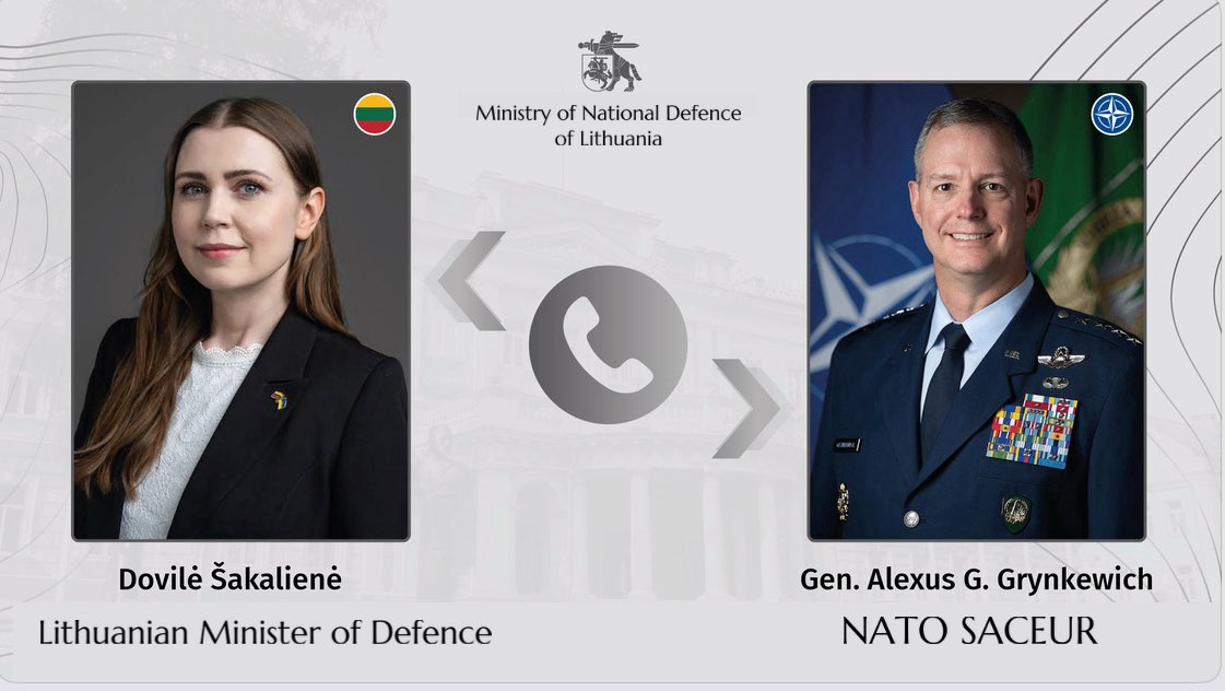 Lithuanian MOD 🇱🇹 (@lithuanian_mod) on Twitter photo 🤝Lithuania secures NATO backing to safeguard its airspace.
Today, 🇱🇹Defence Minister <a href="/DSakaliene/">Dovilė Šakalienė</a> and NATO SACEUR Gen. Grynkewich had a call to agree on stronger intelligence sharing & a NATO expert mission to assess our air defence. Also discussed the US presence in Lithuania. 🤝Lithuania secures NATO backing to safeguard its airspace.
Today, 🇱🇹Defence Minister <a href="/DSakaliene/">Dovilė Šakalienė</a> and NATO SACEUR Gen. Grynkewich had a call to agree on stronger intelligence sharing & a NATO expert mission to assess our air defence. Also discussed the US presence in Lithuania.