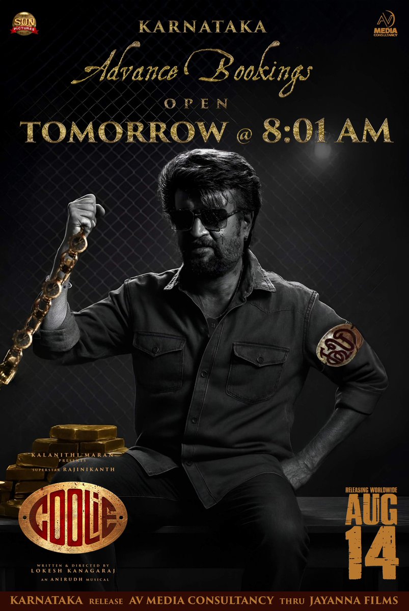 CinemaNagaram (@cinemanagaram) on Twitter photo Set your alarms ⏰ #Coolie Karnataka Advance Booking opens TOMORROW @ 8:01 AM
An AV Media Consultancy Release in Karnataka thru <a href="/JayannaFilms/">Jayanna Films</a>
<a href="/rajinikanth/">Rajinikanth</a> <a href="/sunpictures/">Sun Pictures</a> <a href="/Dir_Lokesh/">Lokesh Kanagaraj</a> <a href="/anirudhofficial/">Anirudh Ravichander</a> #AamirKhan <a href="/iamnagarjuna/">Nagarjuna Akkineni</a> <a href="/nimmaupendra/">Upendra</a> #SathyaRaj #SoubinShahir <a href="/shrutihaasan/">shruti haasan</a> Set your alarms ⏰ #Coolie Karnataka Advance Booking opens TOMORROW @ 8:01 AM
An AV Media Consultancy Release in Karnataka thru <a href="/JayannaFilms/">Jayanna Films</a>
<a href="/rajinikanth/">Rajinikanth</a> <a href="/sunpictures/">Sun Pictures</a> <a href="/Dir_Lokesh/">Lokesh Kanagaraj</a> <a href="/anirudhofficial/">Anirudh Ravichander</a> #AamirKhan <a href="/iamnagarjuna/">Nagarjuna Akkineni</a> <a href="/nimmaupendra/">Upendra</a> #SathyaRaj #SoubinShahir <a href="/shrutihaasan/">shruti haasan</a>