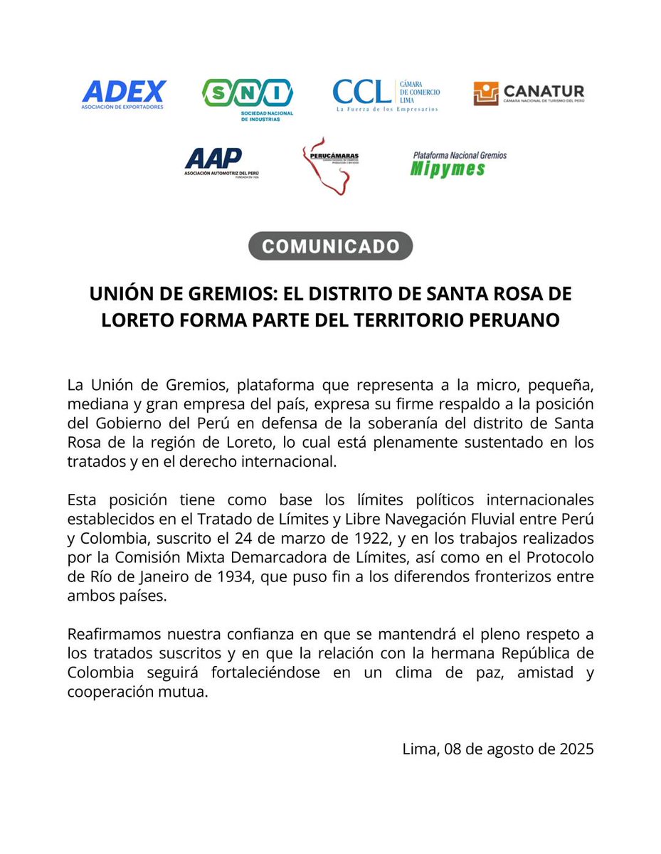 camaradelima's tweet image. #Comunicado🚨 | La Unión de Gremios, plataforma que representa a la micro, pequeña, mediana y gran empresa del país, expresa su firme respaldo a la posición del Gobierno del Perú en defensa de la soberanía del distrito de #SantaRosa de la región de #Loreto.
#Ahora #Actualidad