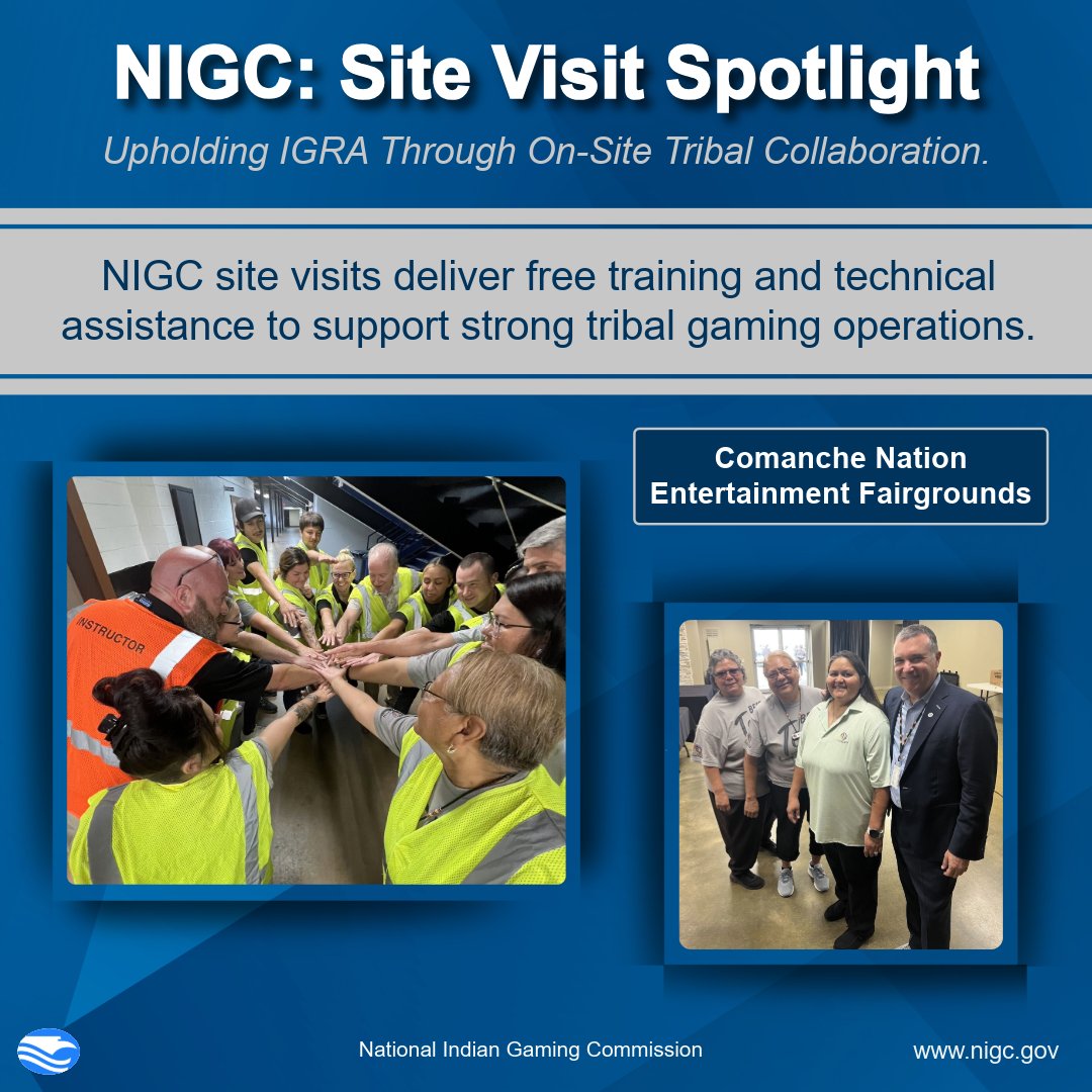 National Indian Gaming Commission (@nigcgov) on Twitter photo NIGC delivers on-site training and technical assistance tailored to tribal gaming operations.
NIGC recently provided training for Comanche Nation to advance safety practices and improve emergency readiness.
NIGC Training Request: forms.office.com/g/LwU9Bb0DdX NIGC delivers on-site training and technical assistance tailored to tribal gaming operations.
NIGC recently provided training for Comanche Nation to advance safety practices and improve emergency readiness.
NIGC Training Request: forms.office.com/g/LwU9Bb0DdX