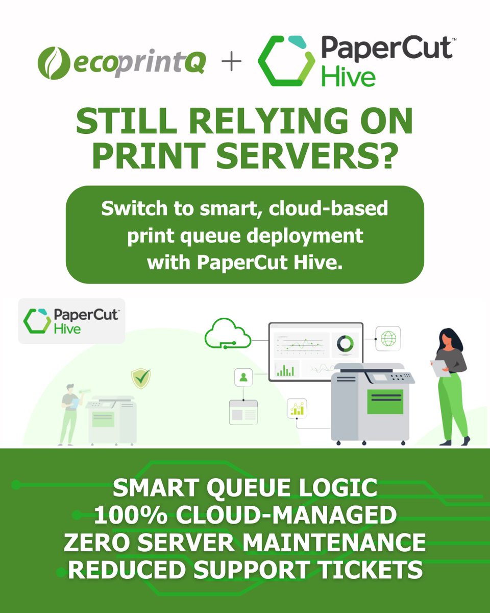 Still relying on print servers?
Print Queue Deployment in PaperCut Hive is flipping the script for IT teams:
✔️ No print servers
✔️ No manual setup headaches
✔️ No frantic help desk pings at 8:03 AM

📌 See how Hive makes it happen: ecoprintq.com/papercut-hive/