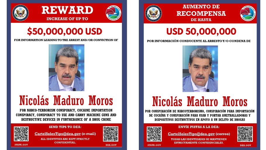 DEA HQ (@deahq) on Twitter photo 💲💲💲 REWARD INCREASE‼️ <a href="/AGPamBondi/">Attorney General Pamela Bondi</a> announces U.S. is offering up to $50 Million for info leading to the arrest and/or conviction of Nicolás Maduro. Share tips with #DEAHQ by emailing CartelSolesTips@dea.gov <a href="/TheJusticeDept/">U.S. Department of Justice</a> #Venezuela #FugitiveFriday state.gov/reward-offer-i… 💲💲💲 REWARD INCREASE‼️ <a href="/AGPamBondi/">Attorney General Pamela Bondi</a> announces U.S. is offering up to $50 Million for info leading to the arrest and/or conviction of Nicolás Maduro. Share tips with #DEAHQ by emailing CartelSolesTips@dea.gov <a href="/TheJusticeDept/">U.S. Department of Justice</a> #Venezuela #FugitiveFriday state.gov/reward-offer-i…