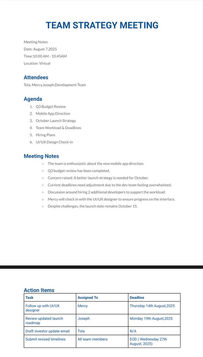 Radiant_OA's tweet image. Meeting notes? Handled.
Just sent this cleaned-up doc to Tola after her strategy call.
I used a proper meeting notes template to make it team-ready. ✅
@AlabaUmar_
Mock Project 4: Complete.
#ExecutiveVirtualAssistant
#AdminSupport