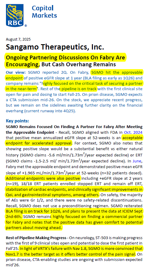 BiotechAnalysst's tweet image. RBC $SGMO 
hit the #approvable endpoint of positive eGFR slope at 1 year (BLA filing as early as 1Q26) for #AA 

 "highly focused on the critical task of #securing a #partner in the #near-#term".

 Rest of the pipeline is on track with the first clinical site
open for pain

$VRTX