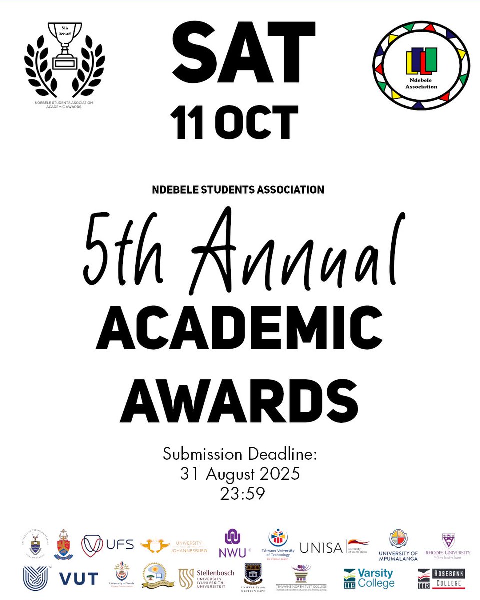 🚨 The 5th Annual NSA Academic Awards are here!
Don’t miss your chance to be recognized for your academic excellence.
📩 Apply before 31 August 2025!
👉🏿 Click on this link to apply now - forms.gle/ns2wFUKQbVcoUw… #NSAAcademicAwards #NdebeleStudentsAssociation