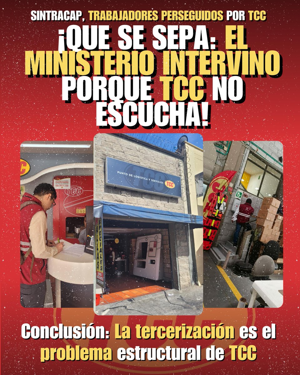 📢 ¡DENUNCIAMOS! 📢

<a href="/TCCcolombia/">GRUPO TCC</a> se encuentra bajo la inspección y la lupa del <a href="/MintrabajoCol/">MinTrabajo</a> por sus pésimas condiciones laborales, la tercerización paupérrima q somete a los trabajadores a salarios y condiciones de hambre y por la persecución sindical q cada día se agudiza +