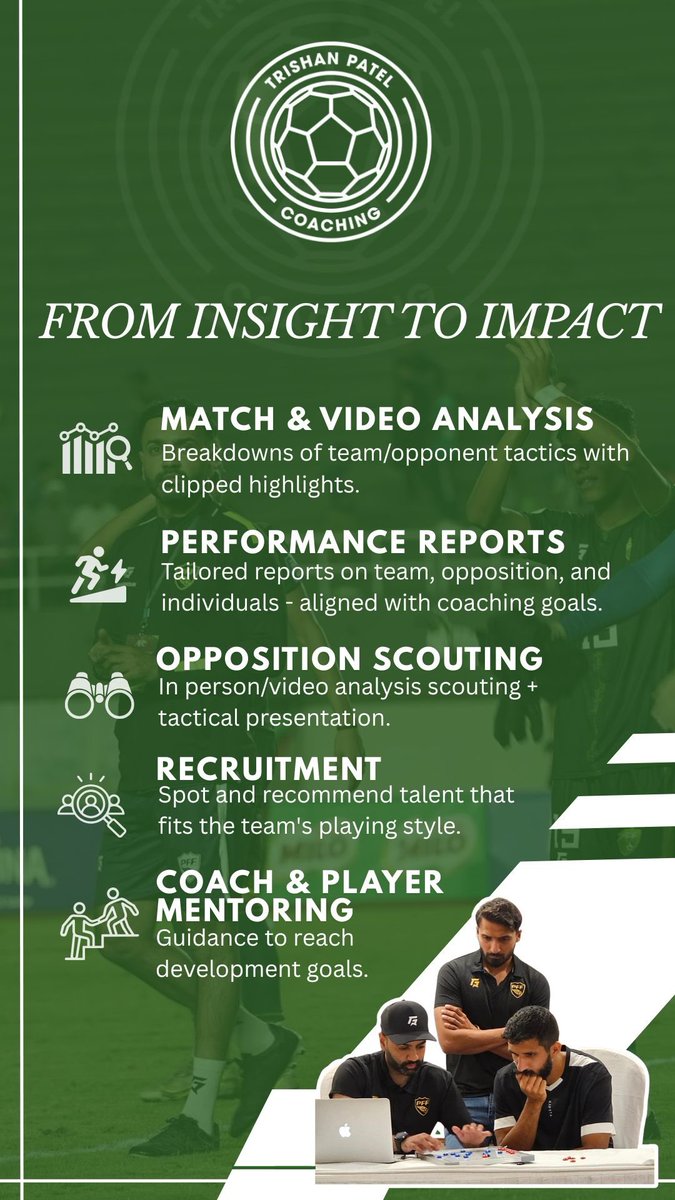 I’m proud to announce the launch of a unique and highly valuable football analysis , scouting, recruitment &amp; mentoring service —

🔍 Match &amp; Video Analysis
📊 Performance Reports
🕵🏽‍♂️ Opposition Scouting
🧩 Player Scouting &amp; Recruitment
🗣 Coach &amp; Player Mentoring

DM for bookings