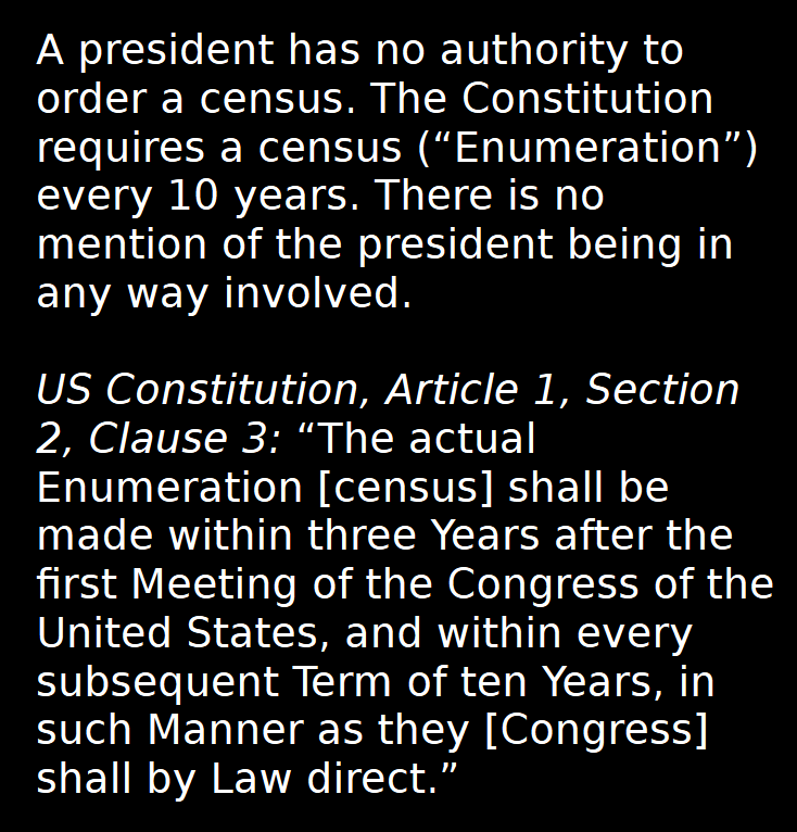 charleybarley52's tweet image. A president has no authority to order a census.
#USCensus #TrumpCannotOrderCensus #TrumpHasDementia #TrumpIsUnhinged #PedoTrump #AuthoritariansAndPedophilia #TrumpIsUnfitForOffice #TrumpisaNationalDisgrace