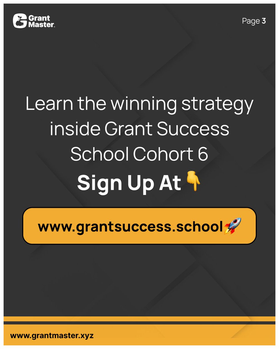 Grantmaster_xyz's tweet image. Learn the winning strategy inside Grant Success School Cohort 6.
Sign up now at grantsuccess.school

#GrantSuccessSchool #GrantWritingTips #NonprofitFunding #SmallBusinessGrants #FundingOpportunities #GrantsThatWin #NGODevelopment #WriteGrantsRight #GetFunded #SocialImpact