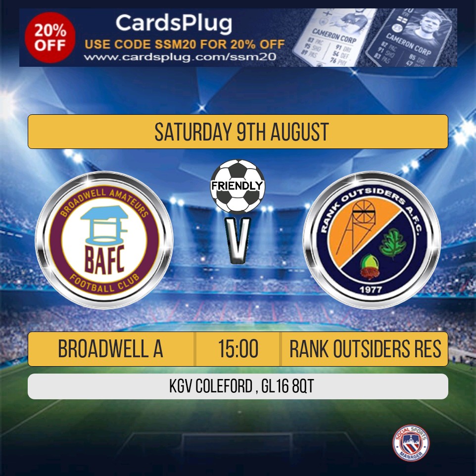 ⚽️⚽️ WEEKEND FIXTURES ⚽️⚽️

This Saturday our 1st team host <a href="/QWFC94/">Quedgeley Wanderers FC</a> in our opening <a href="/GlosCounty/">Glos County League</a> Fixture. Kick Off 3.00pm.

A Team play Rank Outsiders Res at KVG Coleford. Kick Off 3.00pm