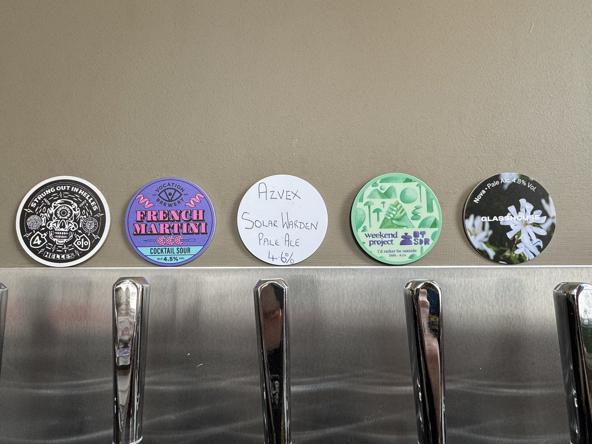 Fridays KeyKeg beers from 3pm to 10pm - 

Strung Out In Helles - Black Iris
French Martini - Vocation
Solar Warden - Azvex
I’d rather be outside - Weekend Project 
Nova - Glasshouse