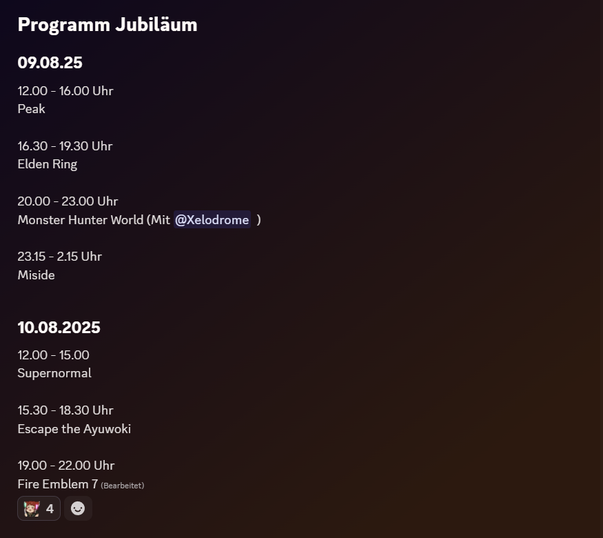 4 Jahre Affiliate und bald 3 Jahre #gervtuber!

Jubiläumsstreams gibts am 9.8. und 10.8 (also morgen und übermorgen)!
Das Programm wurde von meinen Mods zusammengestellt und sie wollen mich wahrscheinlich leiden sehen!
Nach einem grossen Spiele-Einkauf werde ich mich in Spiele