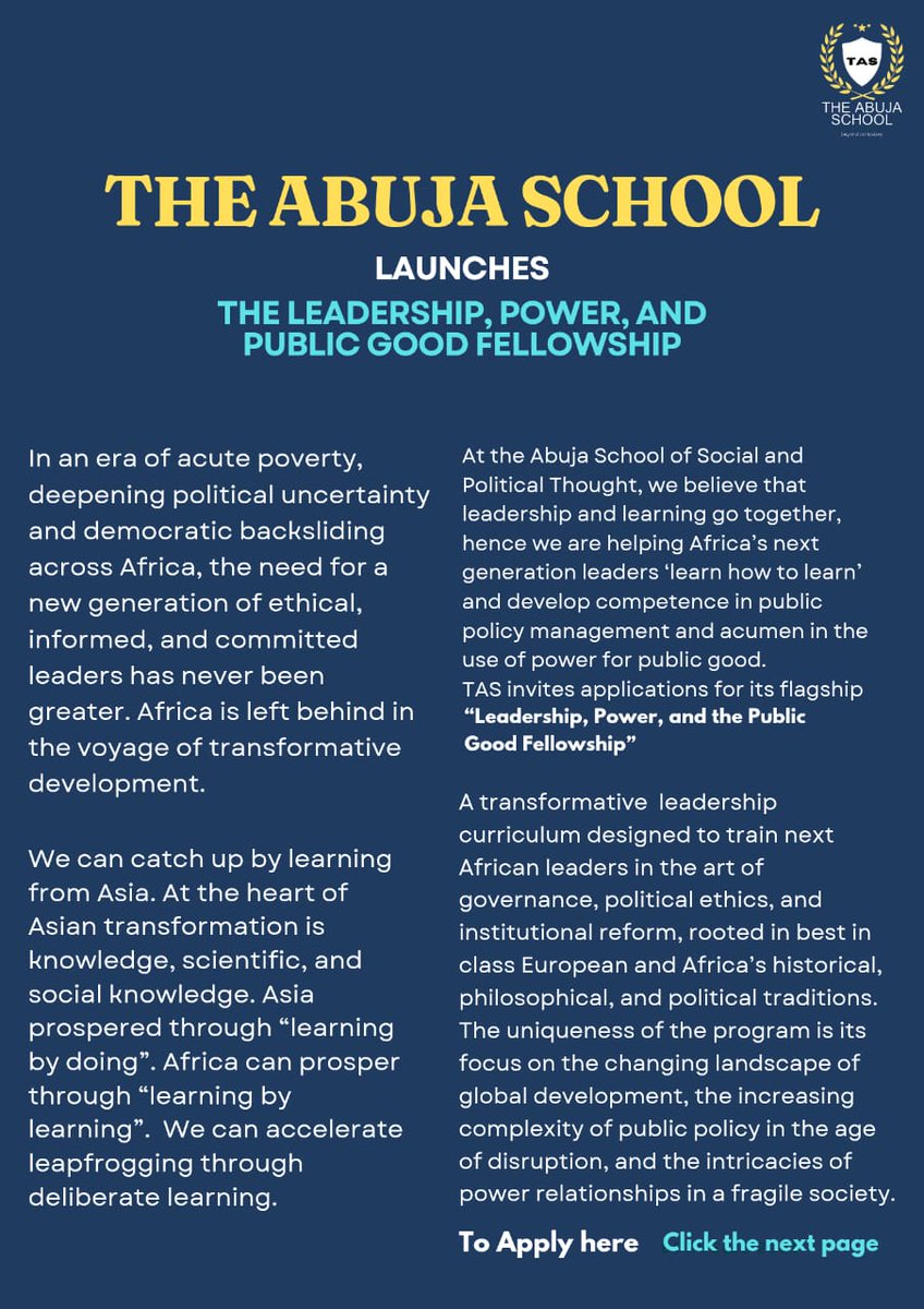 TheAbujaSchool's tweet image. Call for Applications
Join the TAS Fellowship on Leadership & Public Good, a 12-week hybrid program in Abuja for emerging African leaders (ages 23 and above).
Learn from top scholars Engage in policy labs & mentorship Deadline: Aug 18, 2025
Apply now: shorturl.at/3EebV