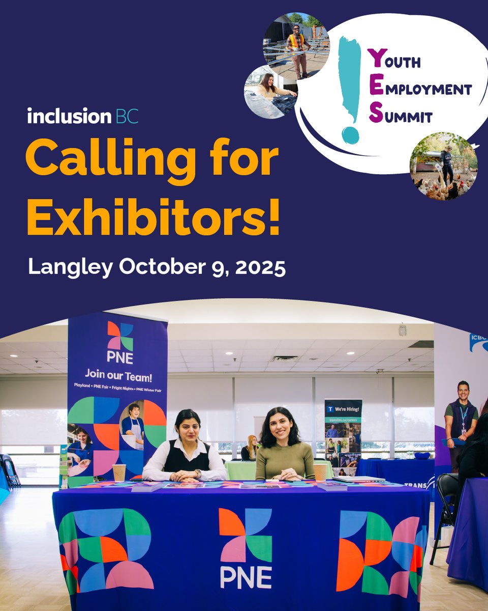 InclusionBC's tweet image. Employers, service providers, post-secondary institutions: YES! is where it all comes together. 
Exhibit at the Youth Employment Summit and be part of the network driving inclusive futures. 
Sign up: form.jotform.com/251057678594066

#YES2025 #InclusiveEmployment