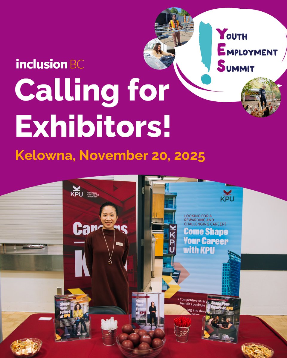 InclusionBC's tweet image. Employers, service providers, post-secondary institutions: YES! is where it all comes together. 
Exhibit at the Youth Employment Summit and be part of the network driving inclusive futures. 
Sign up: form.jotform.com/251057678594066

#YES2025 #InclusiveEmployment