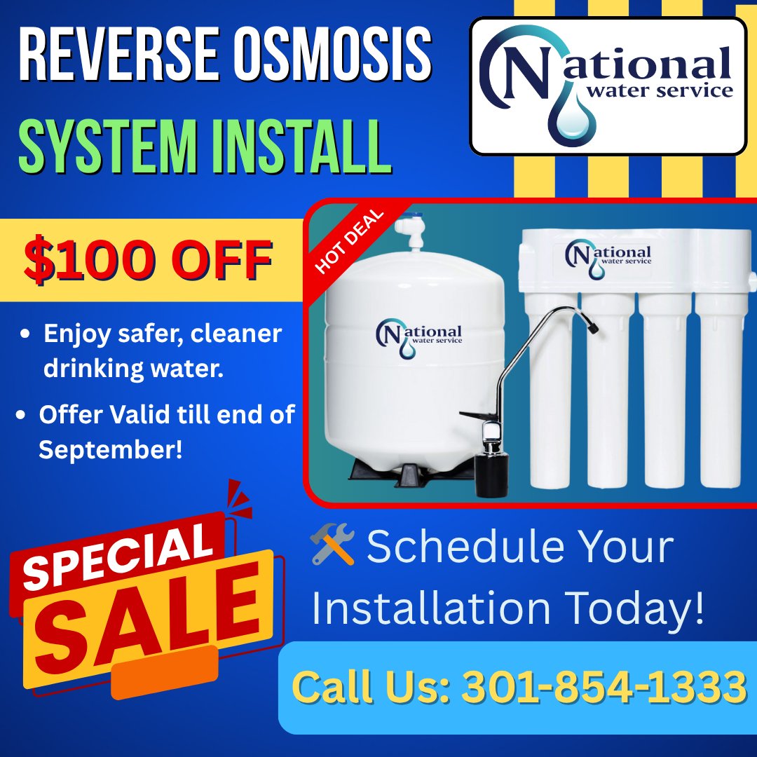 N_W_S_C's tweet image. 💧 Special Sale Alert! 💧
Get $100 OFF your Reverse Osmosis System Install from National Water Service!
✅ Enjoy safer, cleaner drinking water.
⏳ Offer valid through the end of September!
📞 Call us at 301-854-1333
🛠️ Schedule your installation today!
#ReverseOsmosis