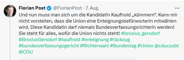 Holla, die grüne Waldfee 💚 📯🚲🌳🌻🌞✊🌈 (@rikewaldfee) on Twitter photo Und die nächste Frau, die demontiert werden soll: <a href="/FlorianPost/">Florian Post</a> Ihr Aufruf, jetzt Frau #Kaufhold zu sabotieren, ist ein Skandal! Nach #BrosiusGersdorf wird die Besetzung des Verfassungsgerichts erneut sabotieren. Hört auf, das Vertrauen in die Politik weiter zu zerrütten!
🧵1/6 Und die nächste Frau, die demontiert werden soll: <a href="/FlorianPost/">Florian Post</a> Ihr Aufruf, jetzt Frau #Kaufhold zu sabotieren, ist ein Skandal! Nach #BrosiusGersdorf wird die Besetzung des Verfassungsgerichts erneut sabotieren. Hört auf, das Vertrauen in die Politik weiter zu zerrütten!
🧵1/6