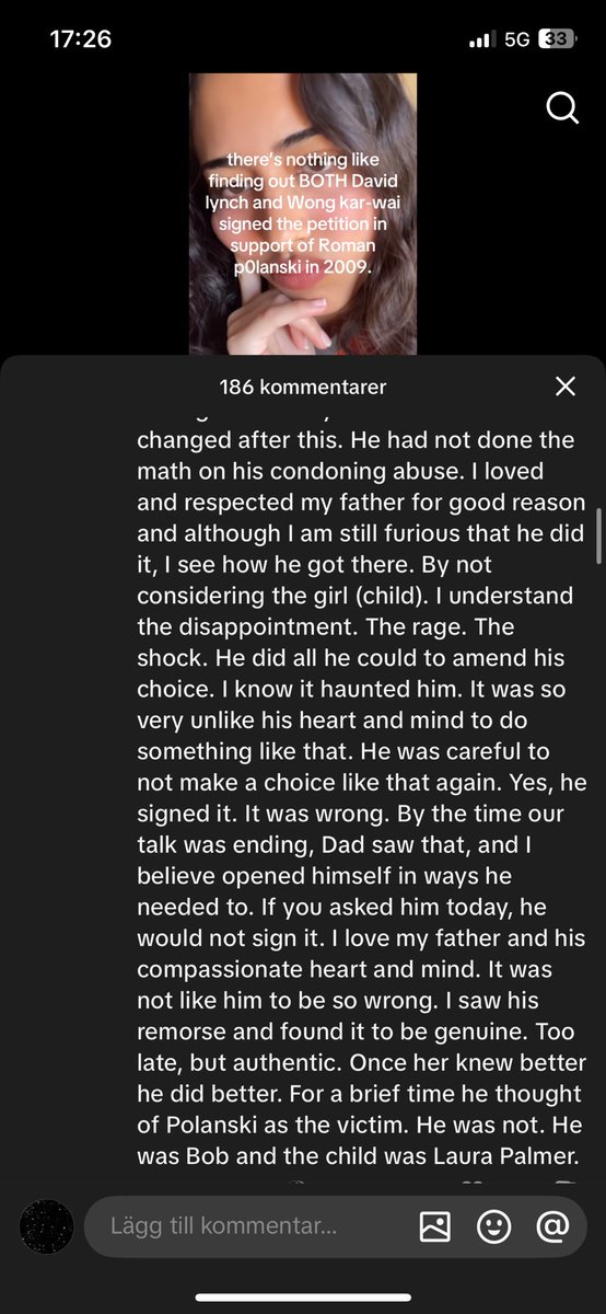 Jennifer Lynch, David Lynch’s daughter, explained why he signed the Roman Polanski petition and how he felt about it in a comment on tiktok