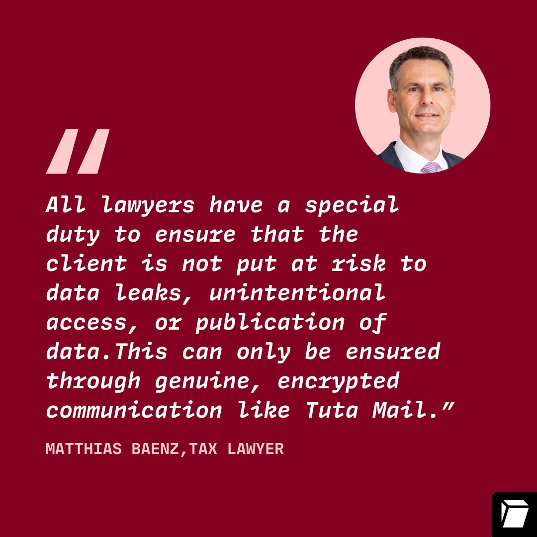 TutaPrivacy's tweet image. Your inbox should be as private as your practice.
We had the privilege to chat with Matthias Baenz, a tax lawyer about why secure communication is non-negotiable in the legal field, and why he chose Tuta to protect his clients’ confidentiality.
🔐 Read the story:…