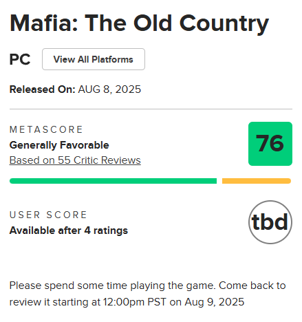 Mafia The Old Country estreia com 76 no Metacritic.