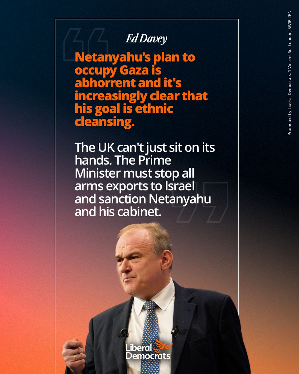 Netanyahu’s plan to occupy Gaza is abhorrent and it's increasingly clear that his goal is ethnic cleansing.

The UK can't just sit on its hands. The Prime Minister must stop all arms exports to Israel and sanction Netanyahu and his cabinet.