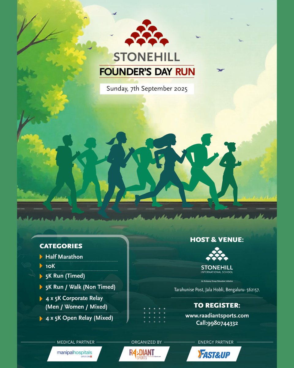 As we gear up for our annual Founders Day Run, we’re lacing up for more than just miles, we're celebrating community, legacy, and the spirit that started it all. 
Sign up now and run with us. raadiantsports.com
#FoundersDayRun #StonehillInternationalSchool #GoStonehillTigers