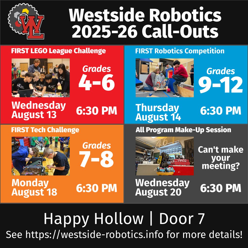 WLRobotics's tweet image. It&apos;s FIRST Robotics call-out season!! All call-outs will be held at our workshop at the old Happy Hollow school at 6:30 PM. See westside-robotics.info or email brad@westside-robotics.info for more information.