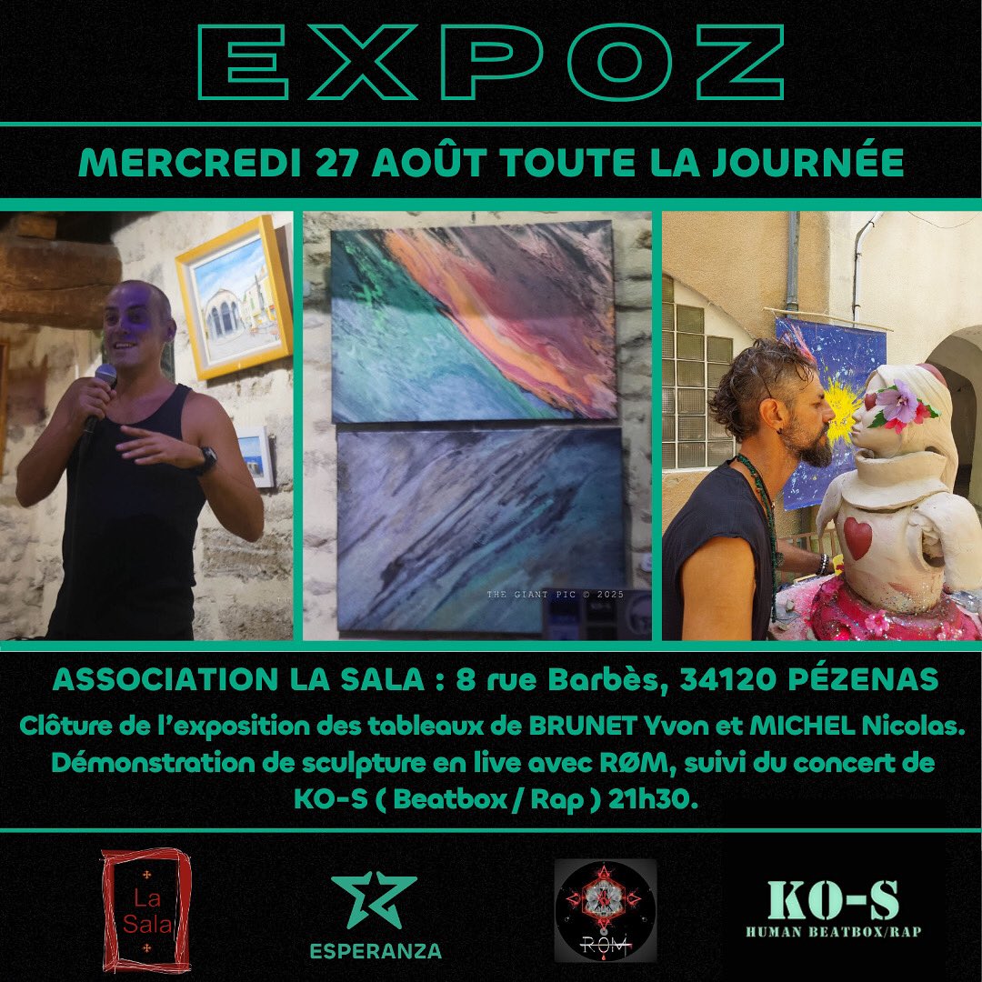 KOSHumanBeatBox's tweet image. EXPO Zik
Le mercredi 27 Août 25, toute la journée à partir de 10h, gratuit.
Au programme : 
Exposition des tableaux de BURNET Yvon et MICHEL Nicolas.
Exposition des sculptures et démonstration en live avec l’artiste RØM
Et concert pour clôturer la soirée et l’exposition.
#expo