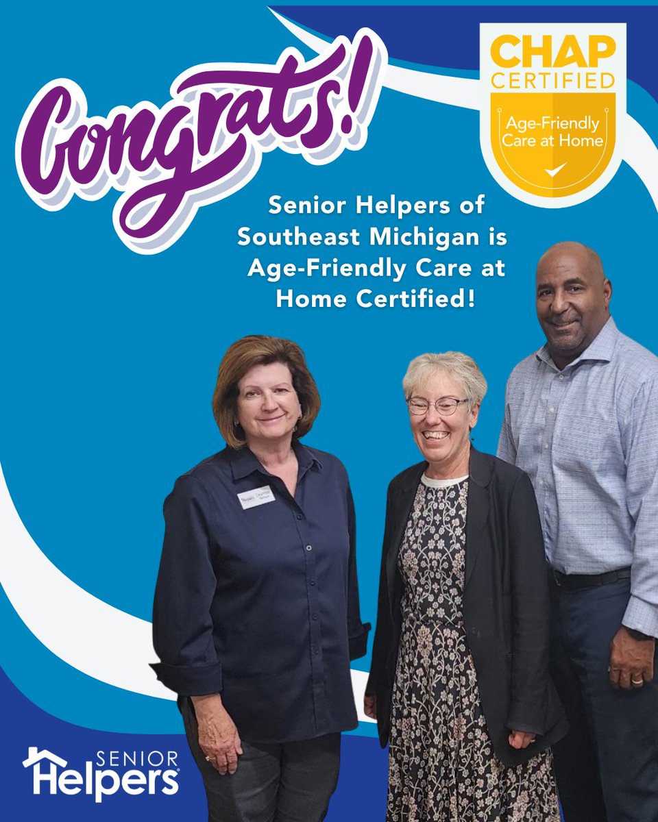 SrHelpersNatl's tweet image. 🎉 Congrats to Senior Helpers of Southeast Michigan &amp;amp; Smithtown, NY on earning their CHAP Age-Friendly Care at Home Certification! 👏 A big win for quality, person-centered senior care. 💜 #AgeFriendlyCare #CHAPCertified #SeniorHelpers
