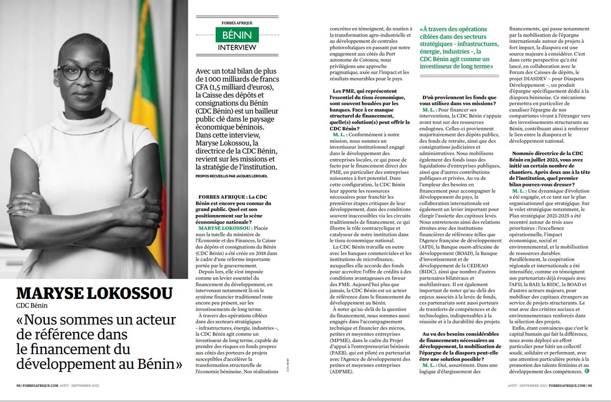 Acteur clé du financement du développement du Bénin, la <a href="/cdcdubenin/">Caisse des Dépôts et Consignations du Bénin</a> a accordé une interview au magazine <a href="/Forbes_Afrique/">Forbes Afrique</a>, dans le dossier “𝗕𝗲́𝗻𝗶𝗻 𝗗𝗲𝘀𝘁𝗶𝗻𝗮𝘁𝗶𝗼𝗻 𝗕𝘂𝘀𝗶𝗻𝗲𝘀𝘀”.

Pour en savoir plus, lisez l'intégralité de l'entretien 👇