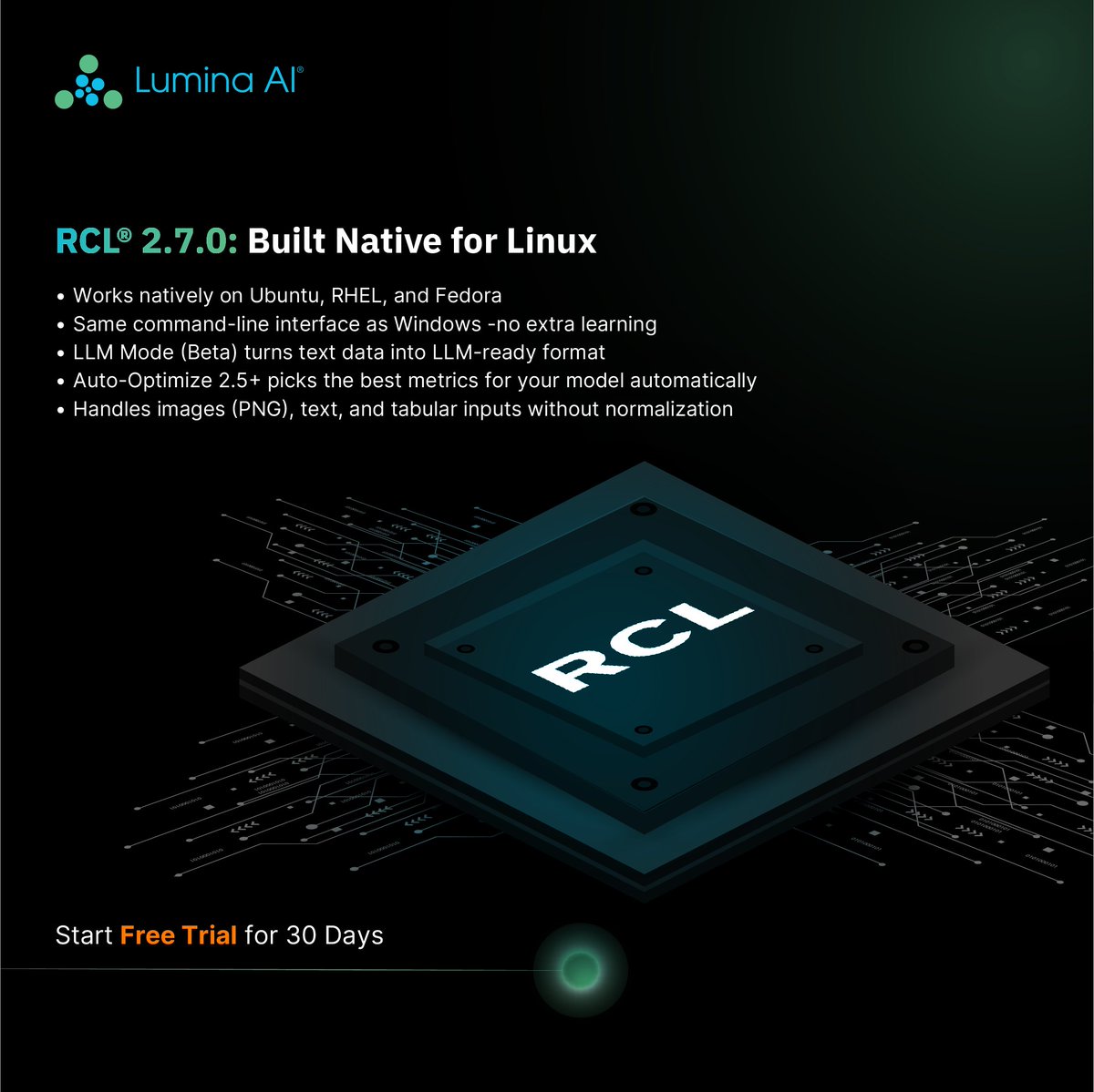 RCL® 2.7.0 is officially Linux-native &amp; now runs effortlessly on Ubuntu, RHEL, and Fedora.

No new commands to learn. Just smarter models, faster results, and LLM-ready data processing.

Are you ready to build it on your terms? Get started with Lumina AI today!

#LuminaAI #Linux