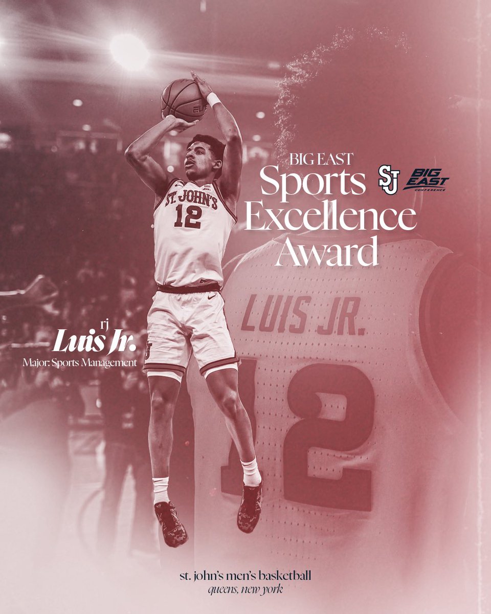 St. John's Men’s Basketball (@stjohnsbball) on Twitter photo Congratulations to <a href="/RJLuisJr/">RJ Luis Jr.</a> for winning the <a href="/BIGEAST/">BIG EAST Conference</a> 2024-25 Sport Excellence Award! 👏
The Sport Excellence Awards are given to one student-athlete in each sport based on academic credentials, athletic accolades and volunteer service to the community.
🗞️: Congratulations to <a href="/RJLuisJr/">RJ Luis Jr.</a> for winning the <a href="/BIGEAST/">BIG EAST Conference</a> 2024-25 Sport Excellence Award! 👏
The Sport Excellence Awards are given to one student-athlete in each sport based on academic credentials, athletic accolades and volunteer service to the community.
🗞️: