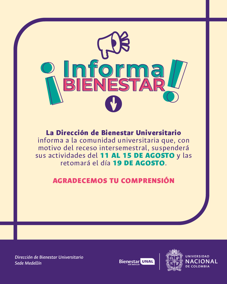 #SomosBienestarUNAL | ✨ ¡Nos tomamos un respiro para volver con más energía!
Nos reencontramos el 19 de agosto para seguir construyendo Bienestar en comunidad. 💛
Gracias por tu comprensión y por ser parte activa de este espacio que cuida, acompaña y transforma. 🌿