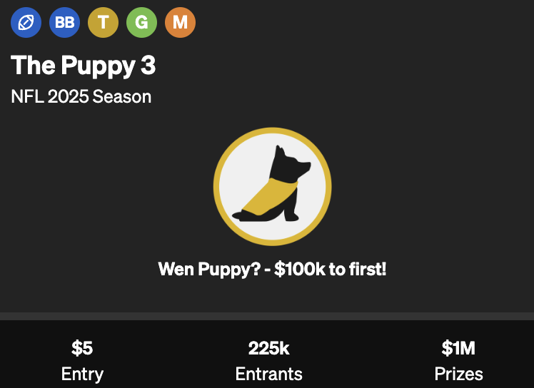 The Puppy 3 is LIVE 🏈

$5 to Enter 
$1M in Prizes 
$100k to 1st Place